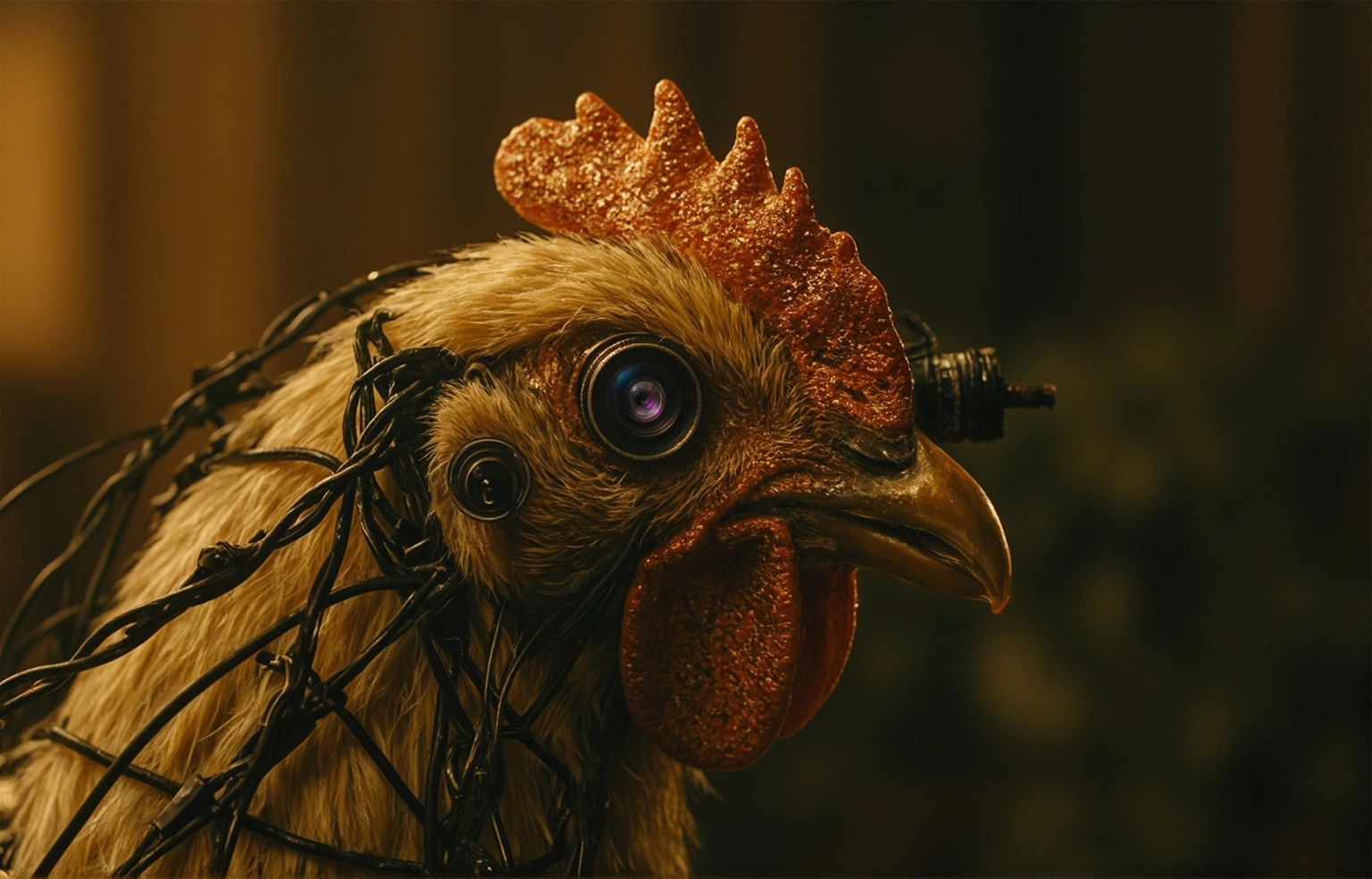 A golden cybernetic chicken, the imaginative face of chicko.digital